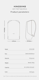 Kingsons mochila anti-roubo masculina, laptop de 15.6 polegadas, 180 graus aberto com carregamento USB, bolsa escolar à prova d'água para estudantes universitários meninos